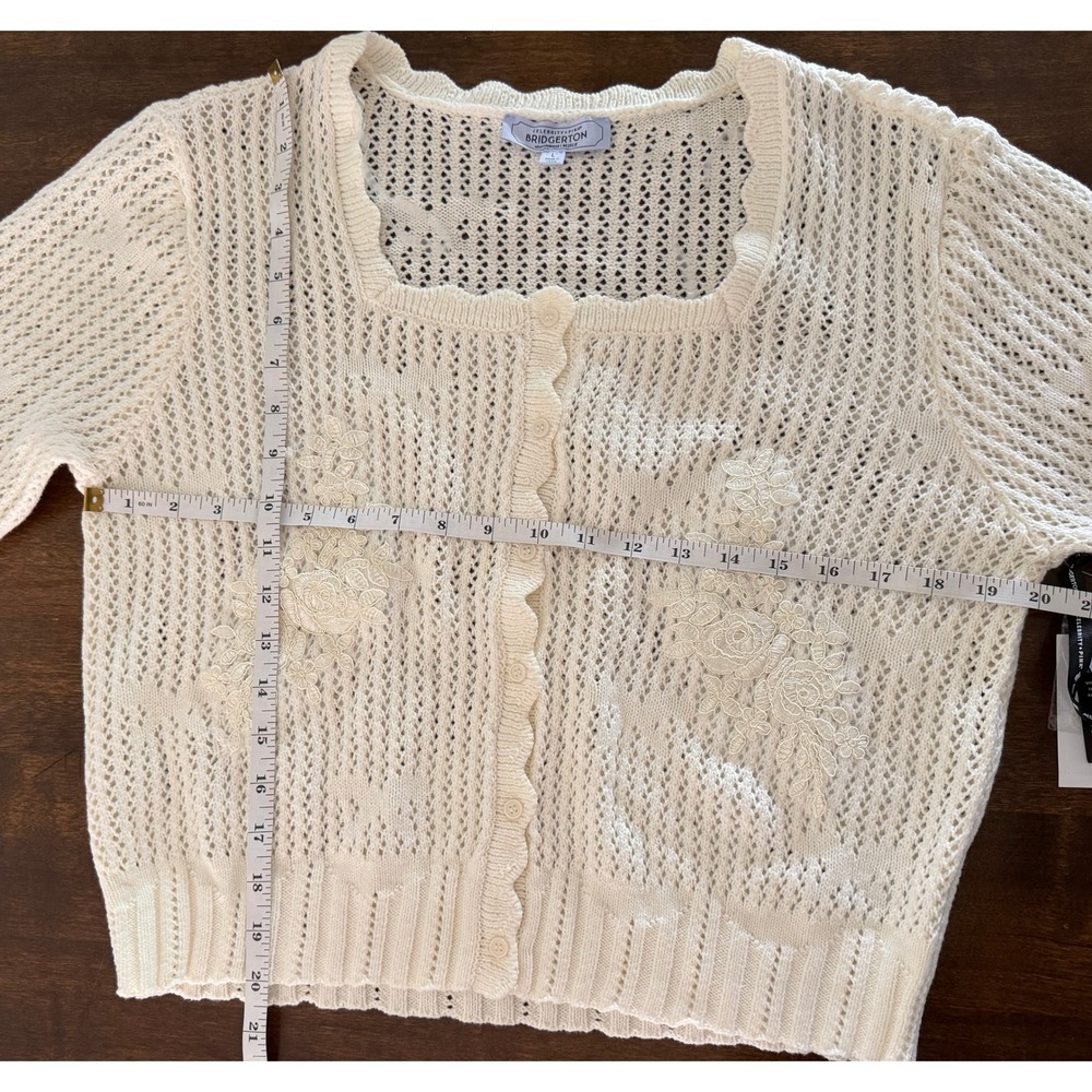 Celebrity Pink Bridgerton Square Neck Cardigan Cream Lace Pointelle Sweater L - Picture 9 of 9